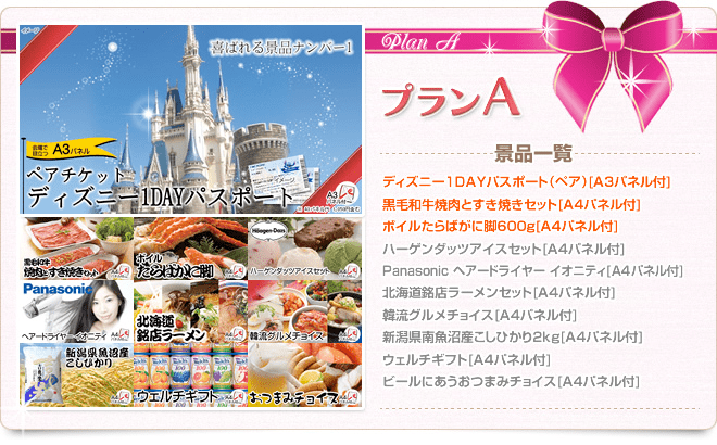 プランA 景品一覧 ディズニー１DAYパスポート（ペア）［A3パネル付］ 黒毛和牛焼肉とすき焼きセット［A4パネル付］ ボイルたらばがに脚600g［A4パネル付］ ハーゲンダッツアイスセット［A4パネル付］ Panasonic ヘアードライヤー イオニティ［A4パネル付］ 北海道銘店ラーメンセット［A4パネル付］ 韓流グルメチョイス［A4パネル付］ 新潟県南魚沼産こしひかり2kg［A4パネル付］ ウィルチギフト［A4パネル付］ ビールにあうおつまみチョイス［A4パネル付］